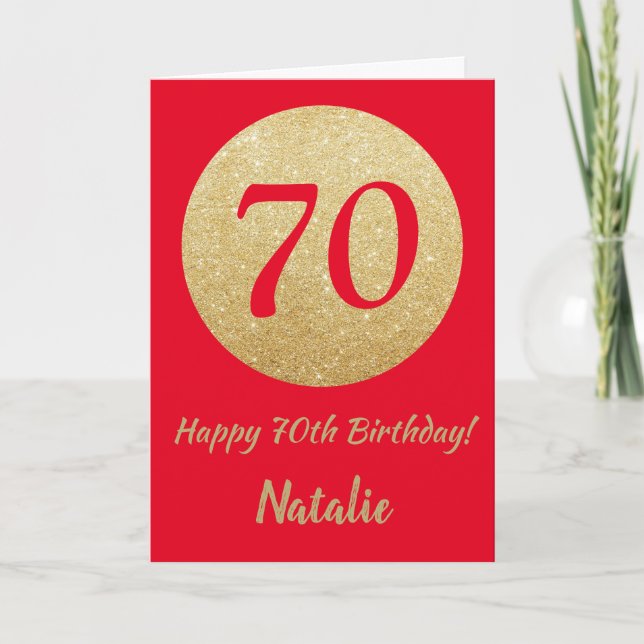 Happy 70th Birthday Red and Gold Glitter Card (Front)