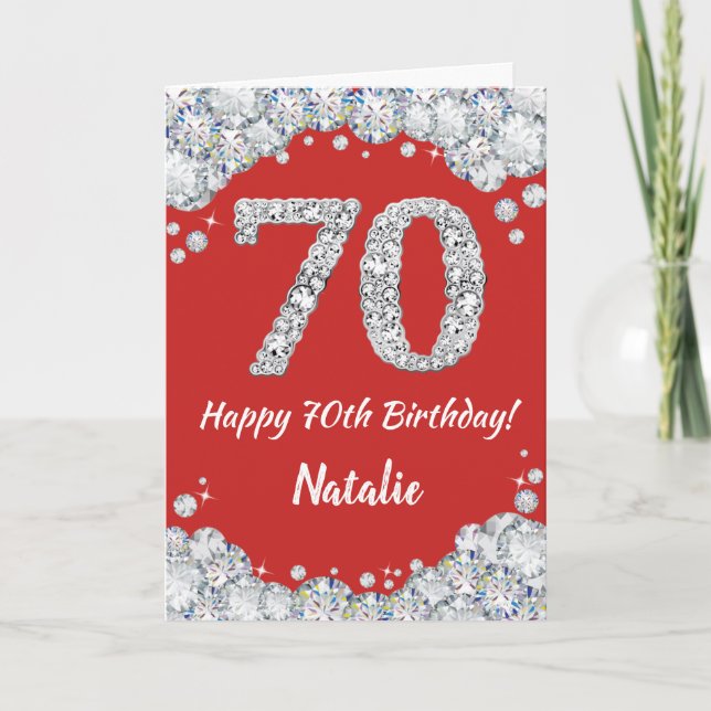 Happy 70th Birthday Red and Silver Glitter Card (Front)
