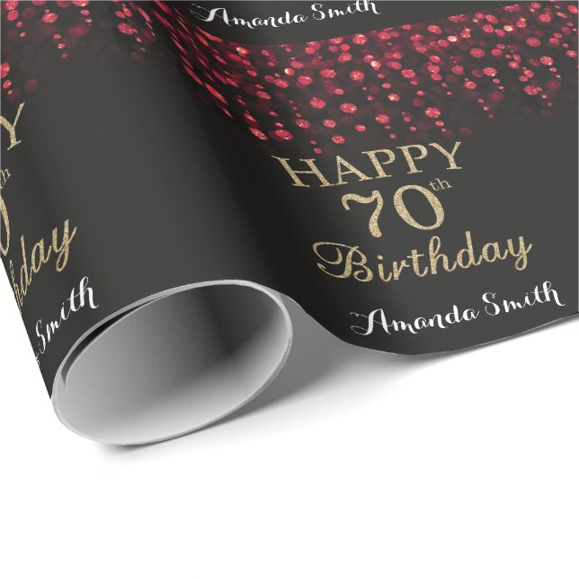 Happy 70th Birthday Red Black and Gold Glitter Wrapping Paper (Roll Corner)