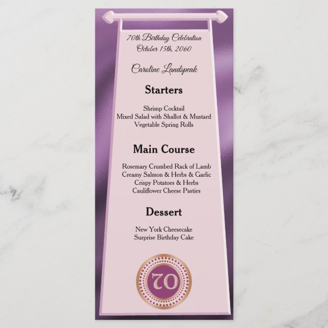 Happy 70th Birthday Rose Gold Glitter Foil Menu (Front)