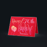 Happy 70th Birthday Stylish Script Name Red Card<br><div class="desc">A stylish design of ornate typography to send Happy 70th Birthday wishes. The decorative script is in shades of lemon and lilac, and the age is in a cordinating typeface in soft lilac, along with your recipient’s name, on a red background. You can change the message inside to your own...</div>