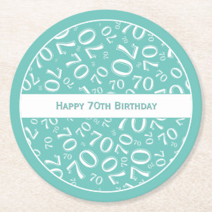 "Happy 70th Birthday" Teal/White Number Pattern Round Paper Coaster