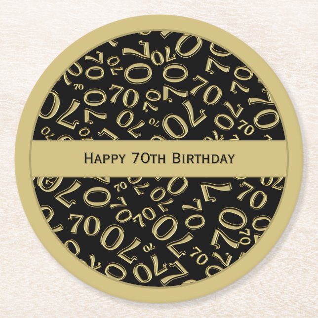 "Happy 70th Birthday" White/Gold Number Pattern Round Paper Coaster (Front)