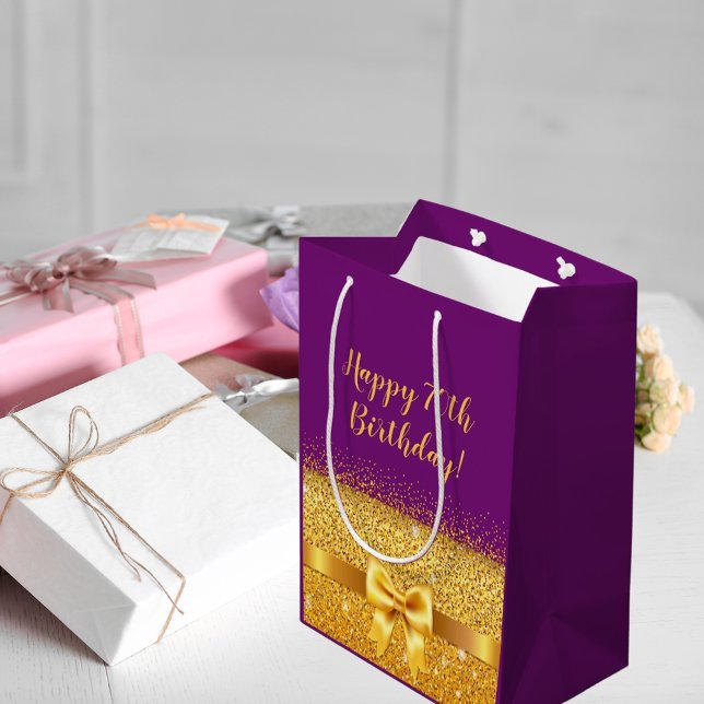 Happy 70th birthday with gold bow on violet medium gift bag (Creator Uploaded)