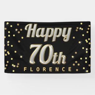 Happy 70th Bling Typography Gold Confetti Black Banner