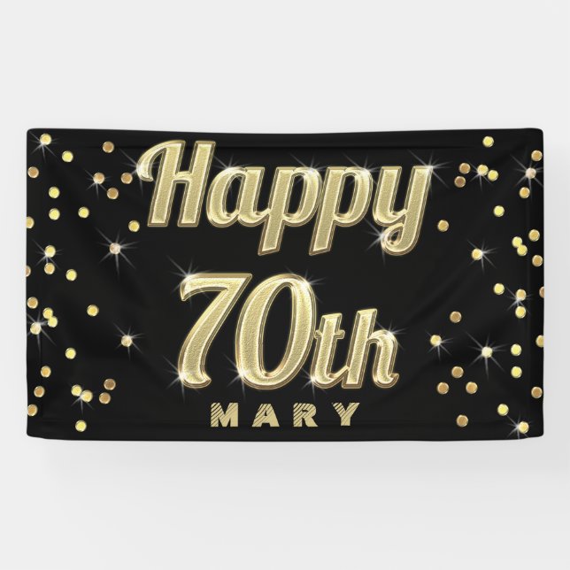 Happy 70th Gold Bling Typography Confetti Black Banner (Horizontal)