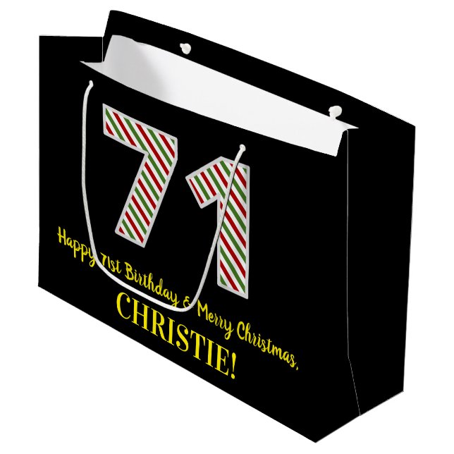 Happy 71st Birthday & Merry Christmas, Custom Name Large Gift Bag (Front Angled)