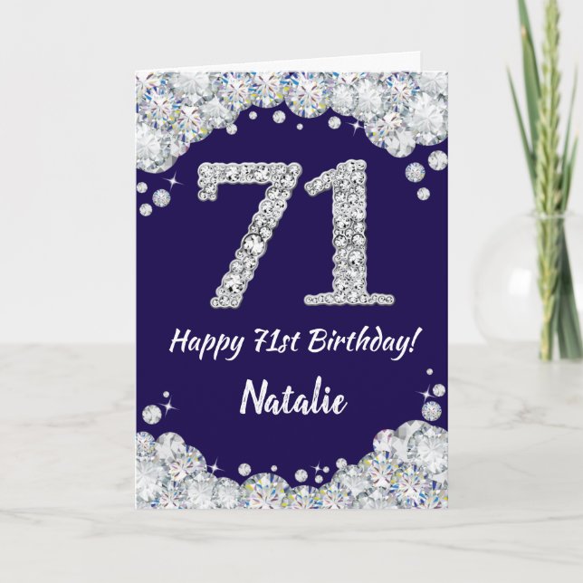 Happy 71st Birthday Navy Blue and Silver Glitter Card (Front)