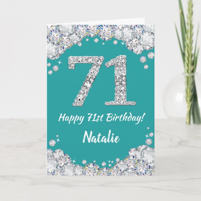 Happy 71st Birthday Teal and Silver Glitter Card (Front)