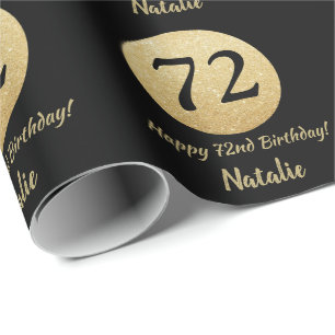 Happy 72nd Birthday Black and Gold Glitter Wrapping Paper