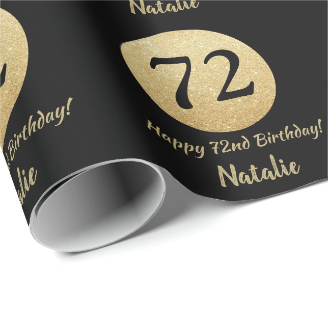 Happy 72nd Birthday Black and Gold Glitter Wrapping Paper (Roll Corner)