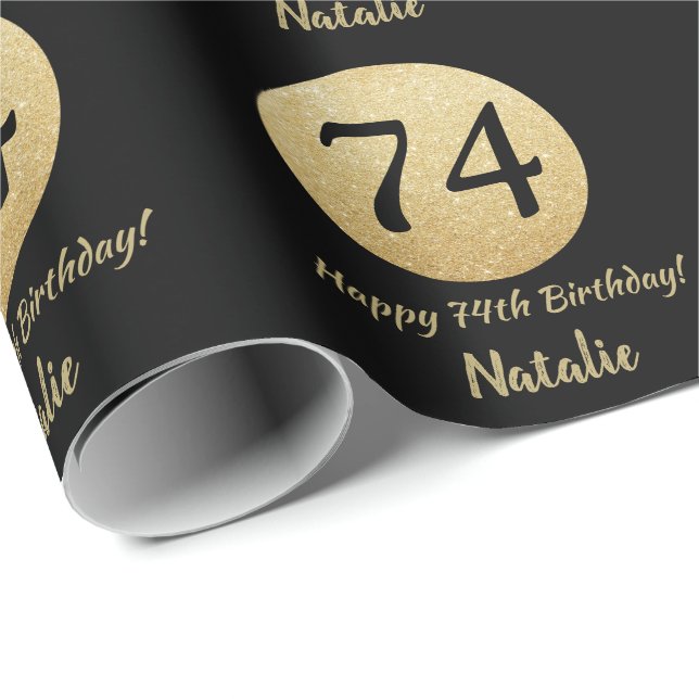 Happy 74th Birthday Black and Gold Glitter Wrapping Paper (Roll Corner)