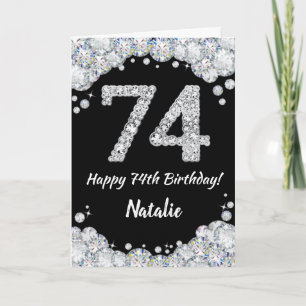 Happy 74th Birthday Black and Silver Glitter Card