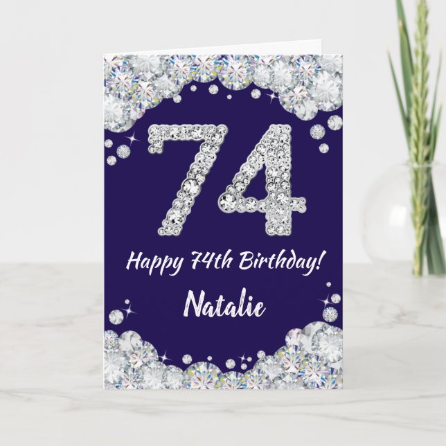 Happy 74th Birthday Navy Blue and Silver Glitter Card (Front)