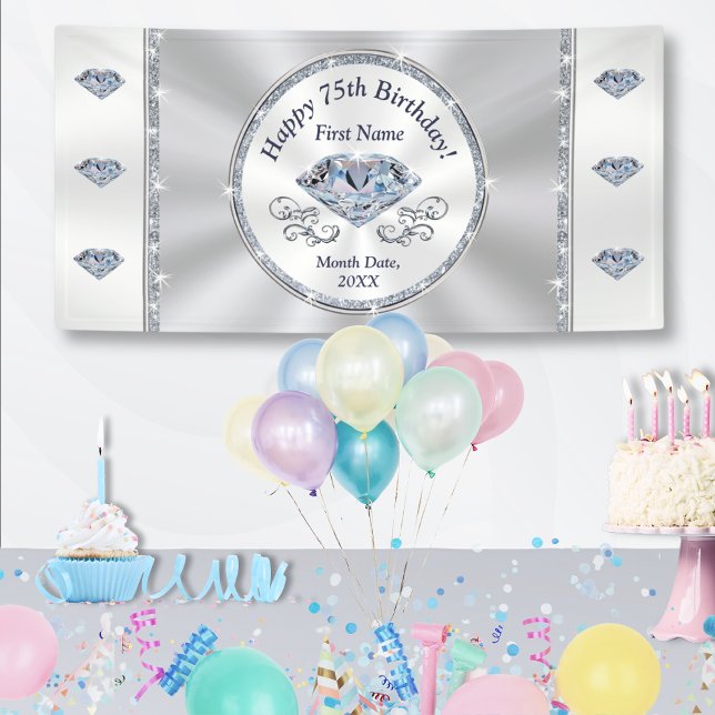 Happy 75th Birthday Banner, Personalised Banner (Happy 75th Birthday Banner. 75th birthday celebration ideas for mom, dad, grandma or grandpa. 75 yr.)