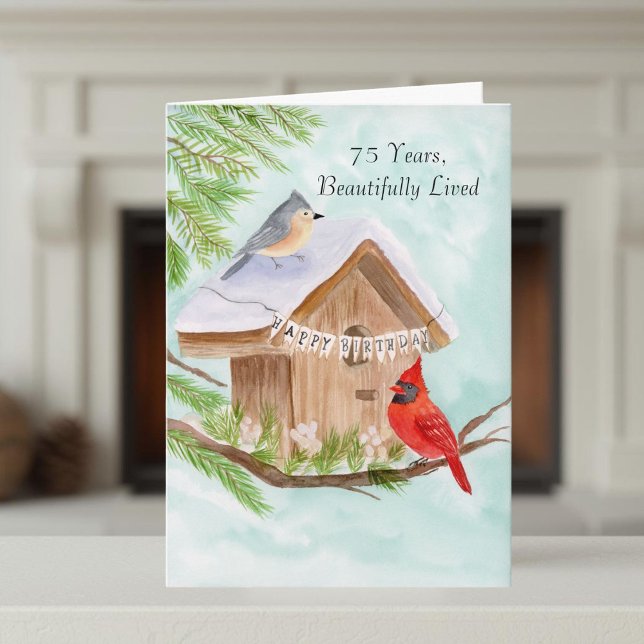  Happy 75th Birthday Birds at Birdhouse Card (Creator Uploaded)