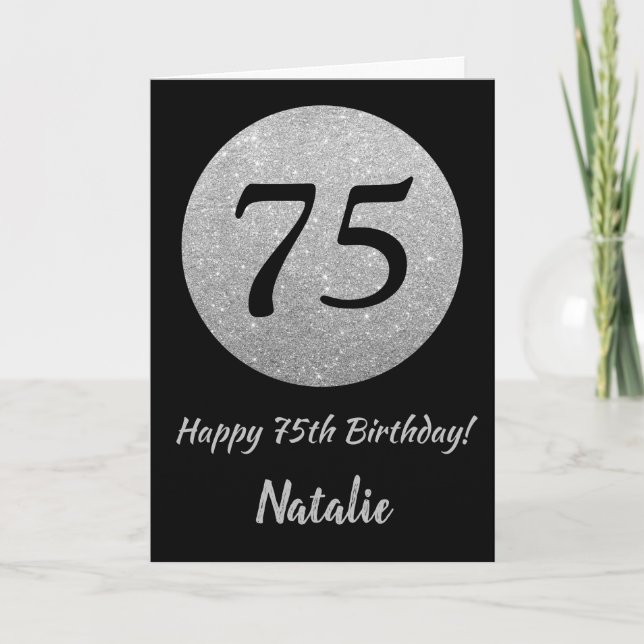 Happy 75th Birthday Black and Silver Glitter Card (Front)