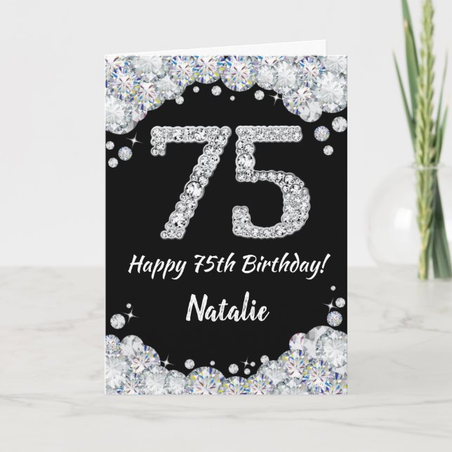 Happy 75th Birthday Black and Silver Glitter Card (Front)