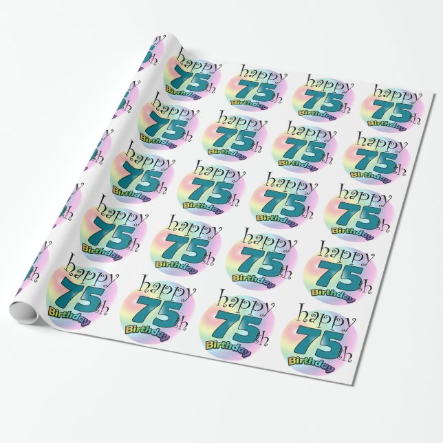 Happy 75th Birthday (Blue) Wrapping Paper (Unrolled)