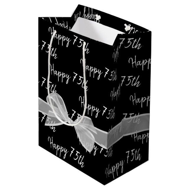 Happy 75th Birthday Bow On Black Medium Gift Bag (Back Angled)