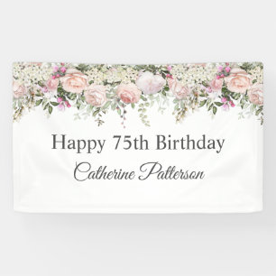 Happy 75th Birthday Feminine Pink Roses Floral Banner