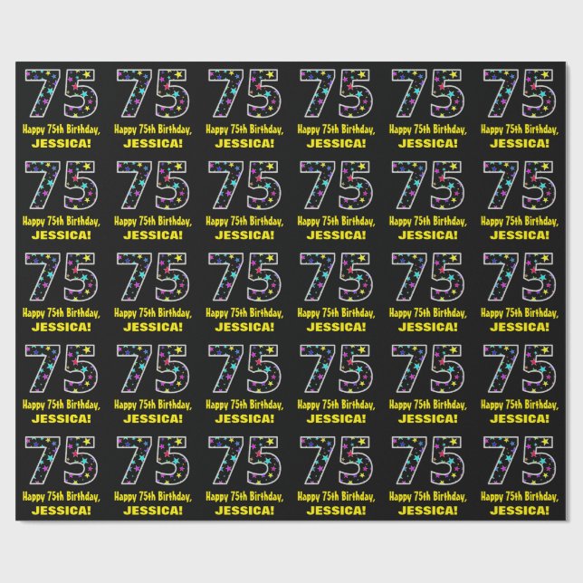 Happy 75th Birthday, Fun Colourful Stars Pattern 7 Wrapping Paper (Flat)