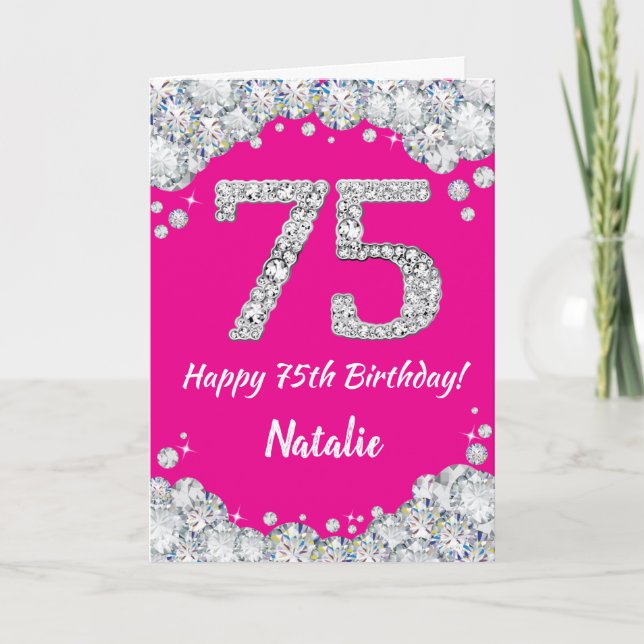 Happy 75th Birthday Hot Pink and Silver Glitter Card (Front)
