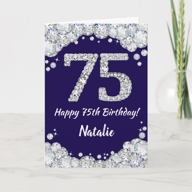 Happy 75th Birthday Navy Blue and Silver Glitter Card (Front)