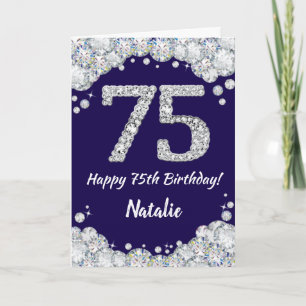 Happy 75th Birthday Navy Blue and Silver Glitter Card