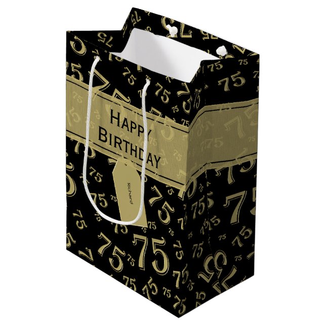 Happy 75th Birthday Party Theme Gold and Black Medium Gift Bag (Front Angled)