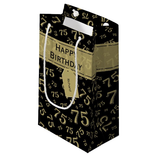 Happy 75th Birthday Party Theme Gold and Black Small Gift Bag (Front Angled)