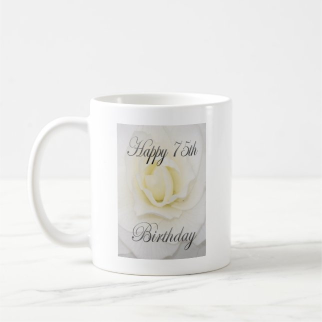 Happy 75th Birthday White Flower Coffee Mug (Left)