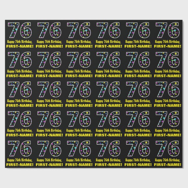 Happy 76th Birthday, Fun Colourful Stars Pattern 7 Wrapping Paper (Flat)
