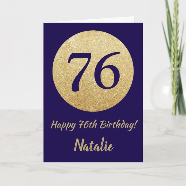 Happy 76th Birthday Navy Blue and Gold Glitter Card (Front)