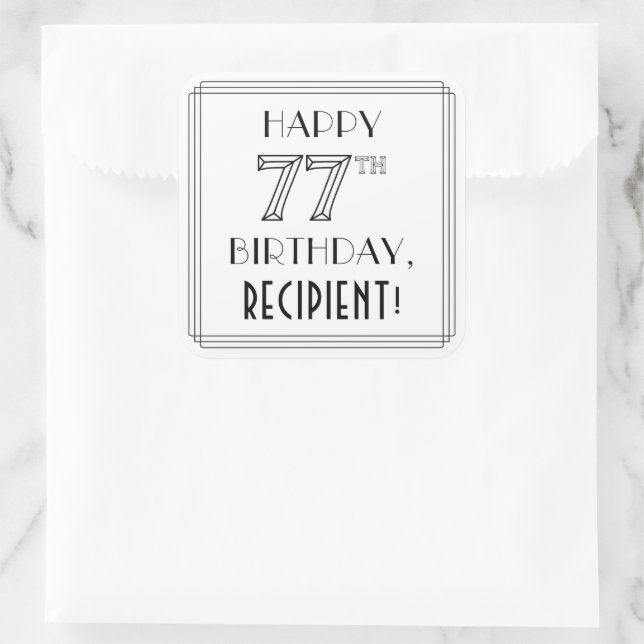 HAPPY 77TH BIRTHDAY, Art Deco Style, Custom Name Square Sticker (Bag)