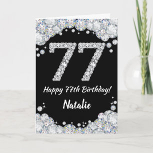 Happy 77th Birthday Black and Silver Glitter Card