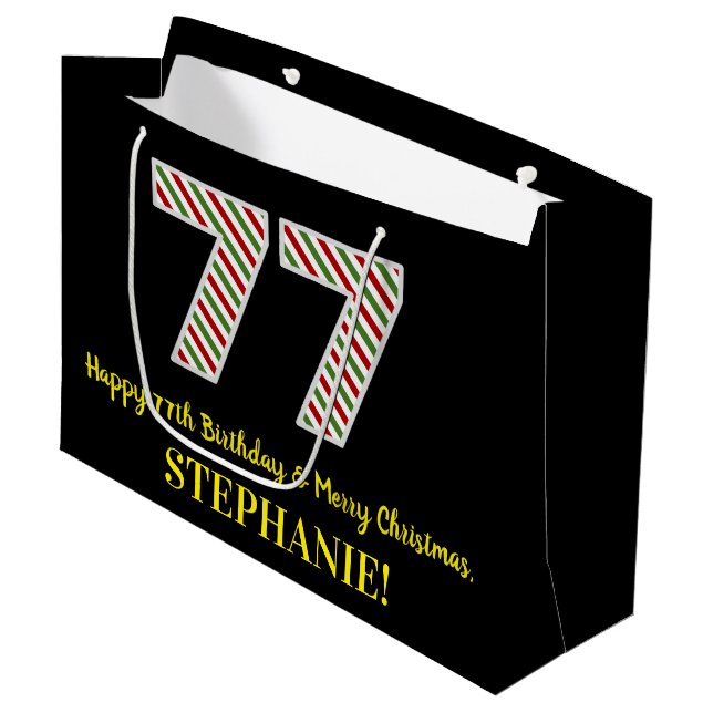 Happy 77th Birthday & Merry Christmas, Custom Name Large Gift Bag (Front Angled)