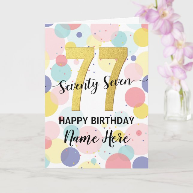 Happy 77th Birthday Pastel Rainbow Gold Woman Card (Orchid)