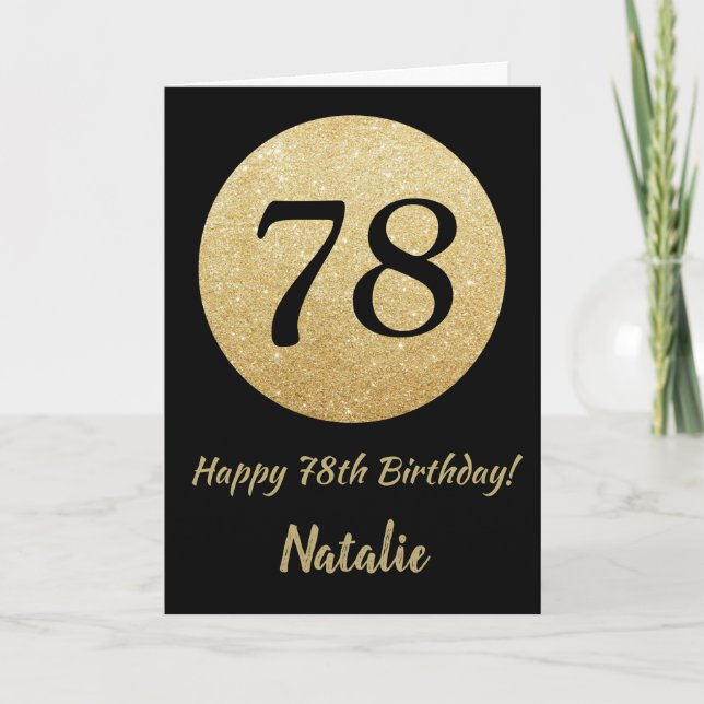 Happy 78th Birthday Black and Gold Glitter Card (Front)
