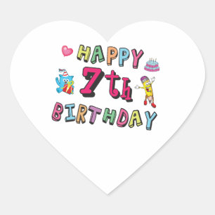 Happy 7th Birthday. 7 year old. Heart Sticker