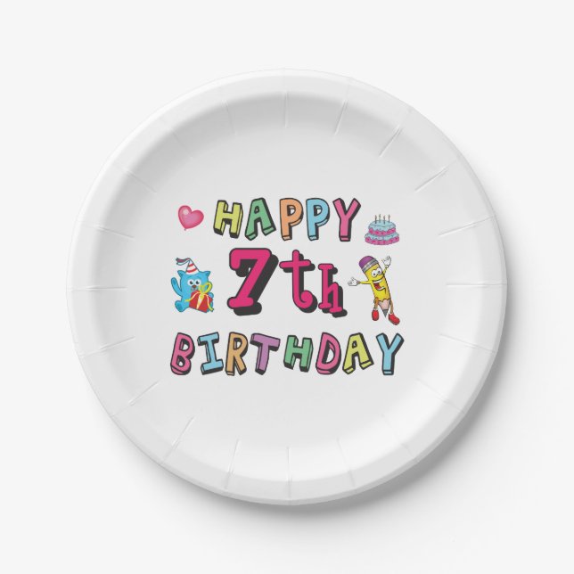 Happy 7th Birthday. 7 year old. Paper Plate (Front)