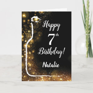 Happy 7th Birthday Black and Gold Glitter Wine Card