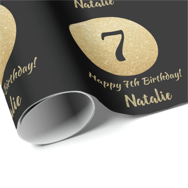 Happy 7th Birthday Black and Gold Glitter Wrapping Paper (Roll Corner)
