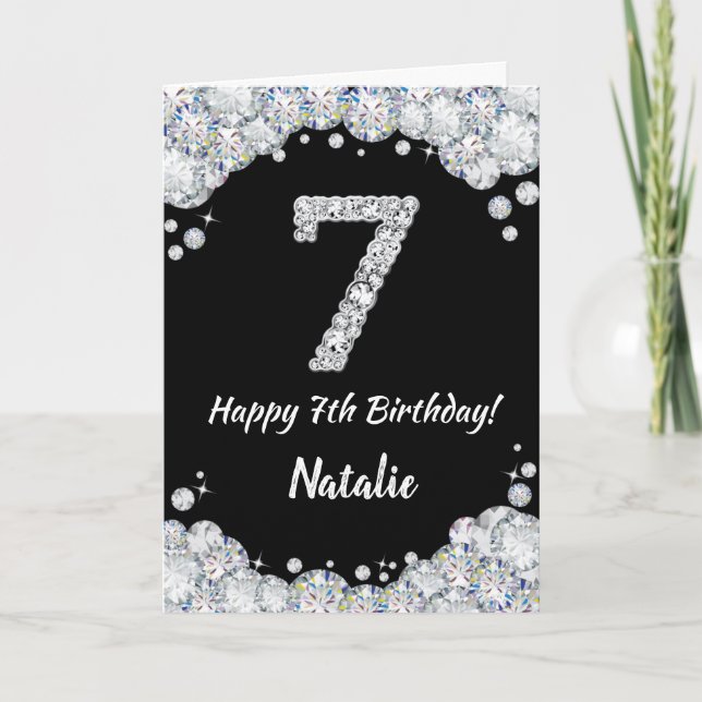 Happy 7th Birthday Black and Silver Glitter Card (Front)