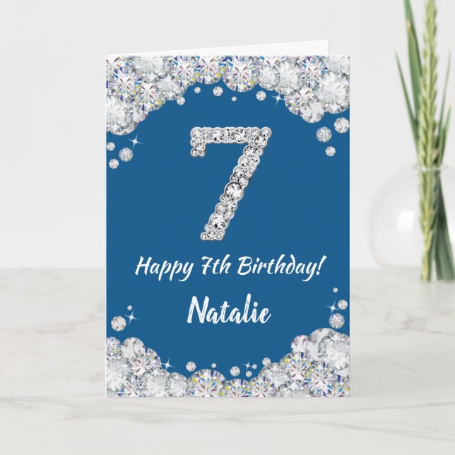 Happy 7th Birthday Blue and Silver Glitter Card (Front)