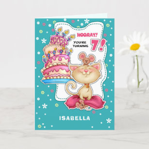 Happy 7th Birthday. Custom Name Fun Kitty and Mice Card