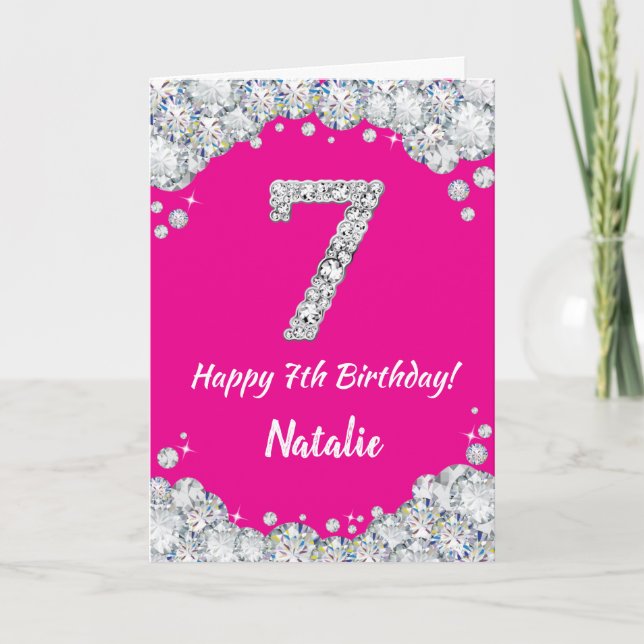 Happy 7th Birthday Hot Pink and Silver Glitter Card (Front)
