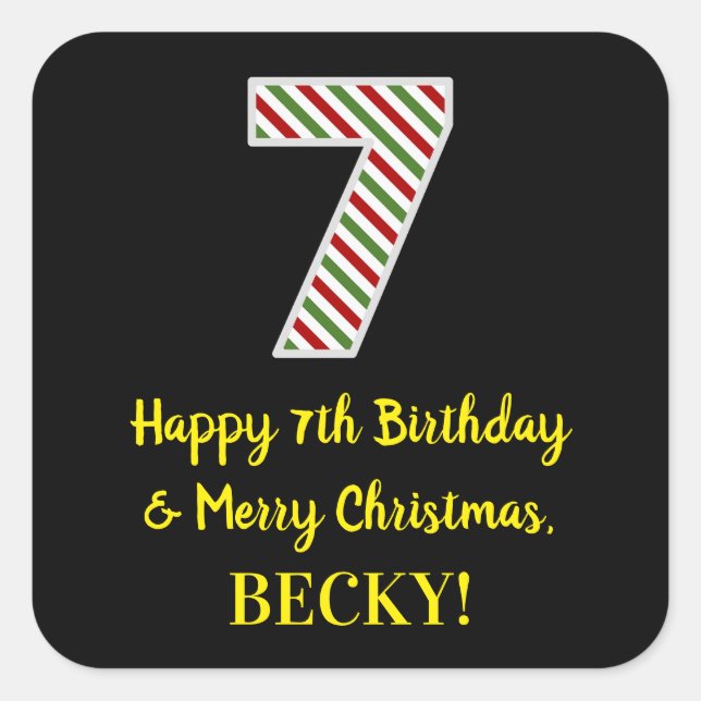 Happy 7th Birthday & Merry Christmas, Custom Name Square Sticker (Front)