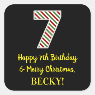 Happy 7th Birthday & Merry Christmas, Custom Name Square Sticker