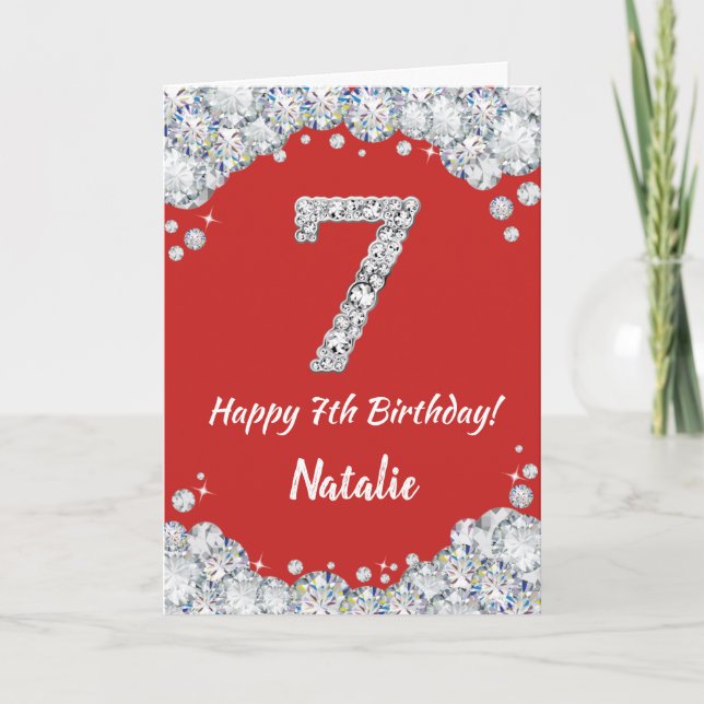 Happy 7th Birthday Red and Silver Glitter Card (Front)